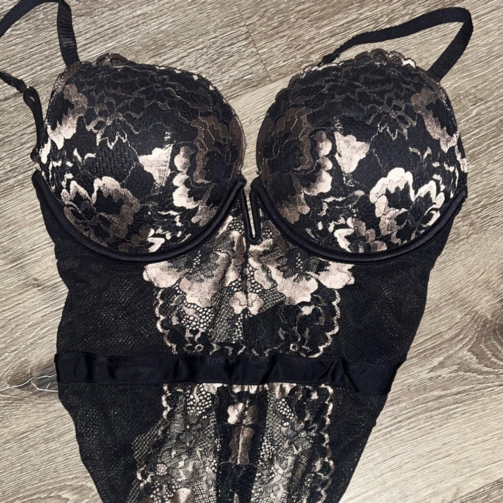 Auden brand, champagne, gold and black body shaping bodysuit/négligée